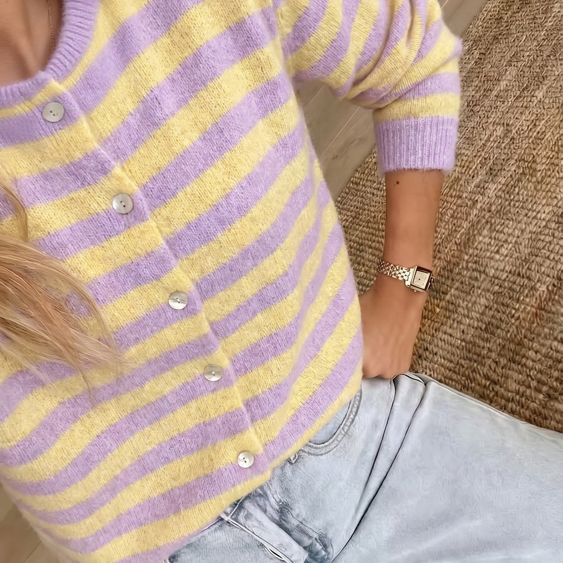 Image of Lldx Women's Pullover Cardigan, Beautiful Sweater, Striped Contrast Color Crew Neck Long Sleeve Drop Shoulder, For Spring, Autumn, And Winter Wear, Daily Loose Fit Elegant