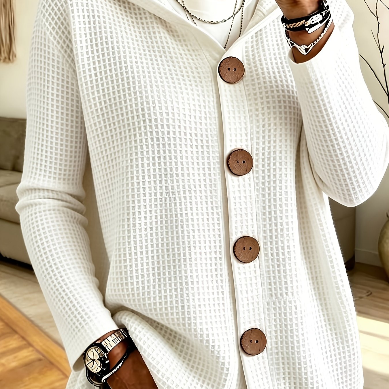 TEMU Women's Western Style Long Sleeve Waffle Hooded Cardigan Top, Temperament Elegant Solid Color Button Casual Commuter Women's Long Sleeve