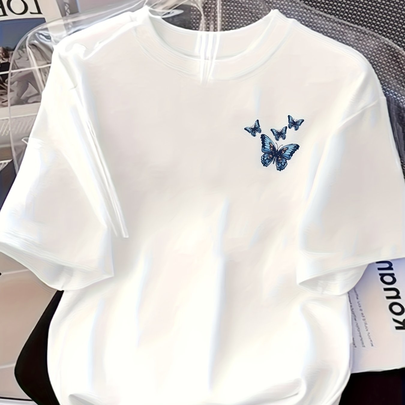 TEMU Women' & Blue Print T-shirt - Relaxed Fit Short Sleeve Crew Neck Summer Top Lightweight Breathable Casual With Durable Blue Design Machine