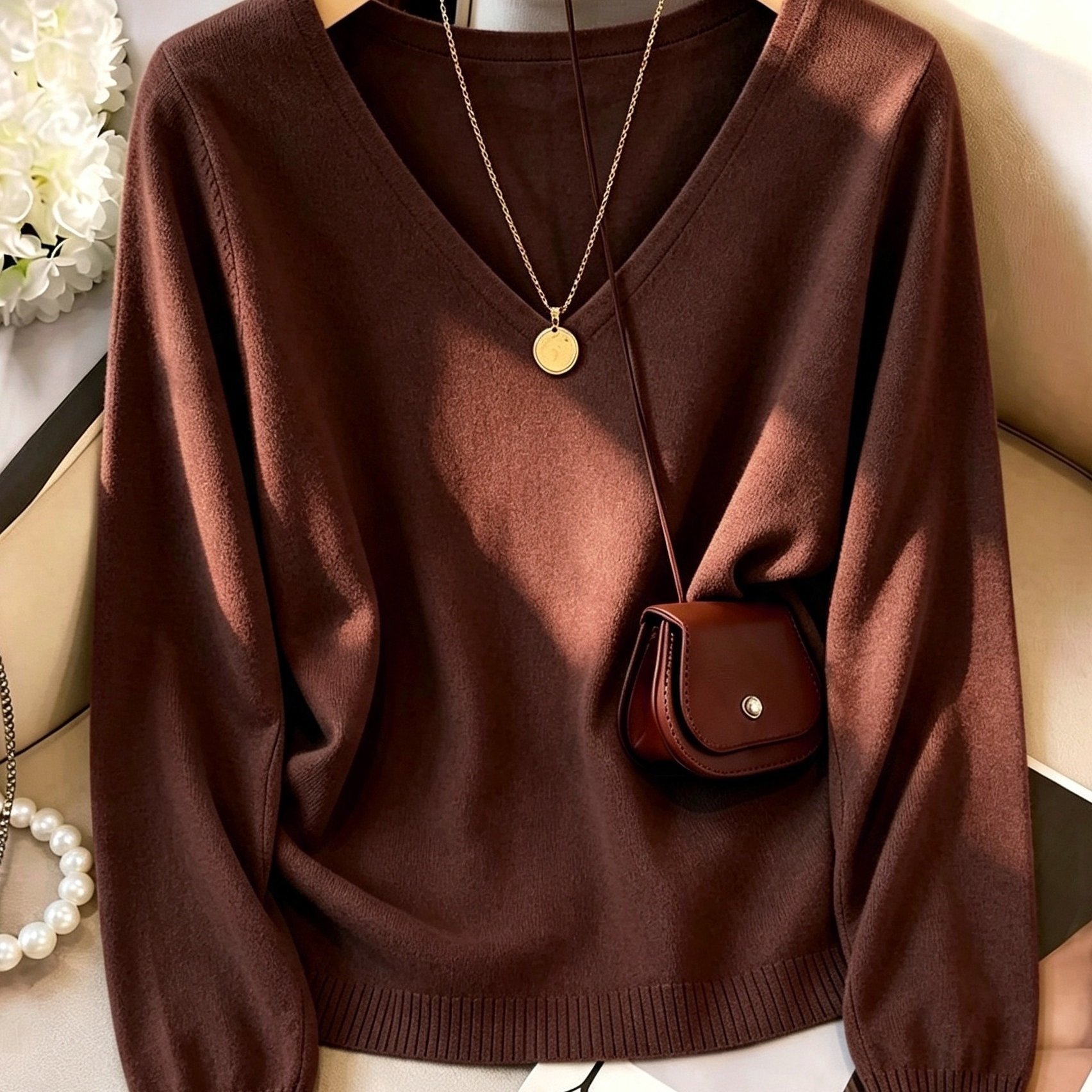 TEMU Suéter de Mujer, Jersey de Otoño Invierno con Cuello en V y Larga, Estilo , Tela de Fácil, Diseño de Cuello en V Versátil para Todas , Holgado,