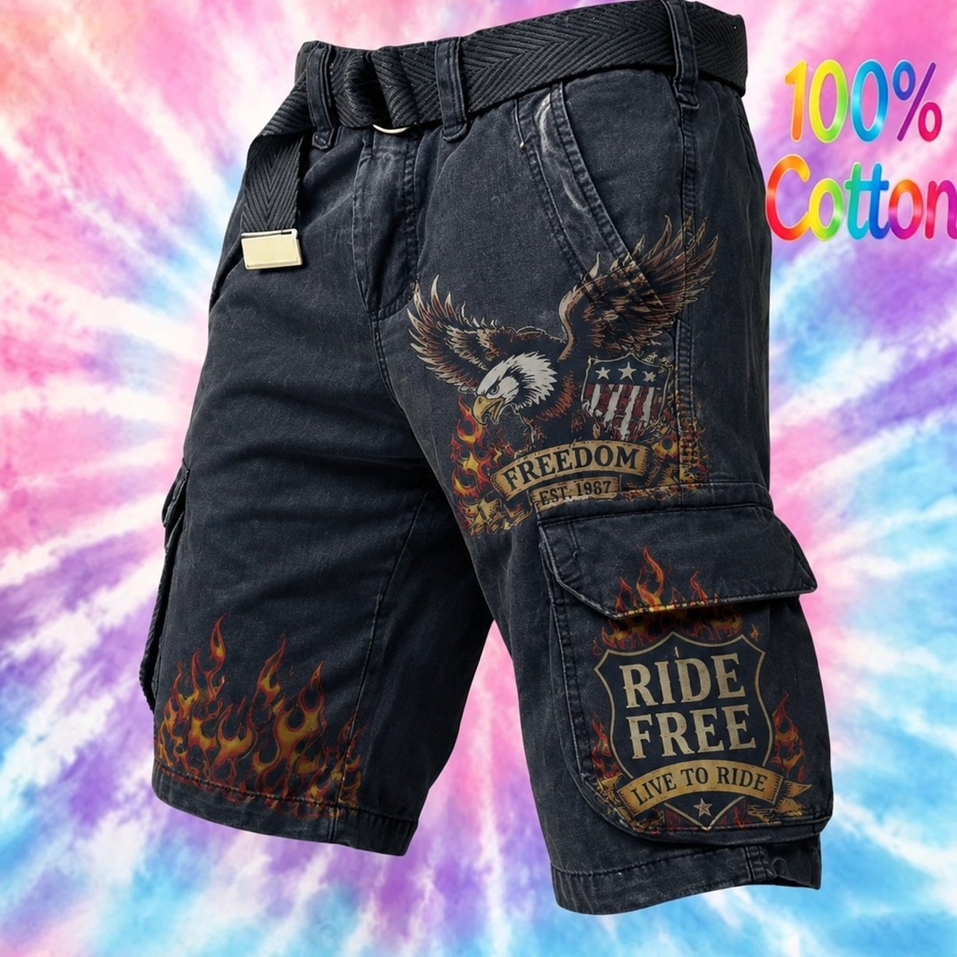 Men's Retro Cargo Shorts With Eagle & Flame Print - Beltless Streetwear Shorts Suitable For Work & Casual Wear, Multi- Outdoor Shorts, Belt-free For,, (no Belt Included)