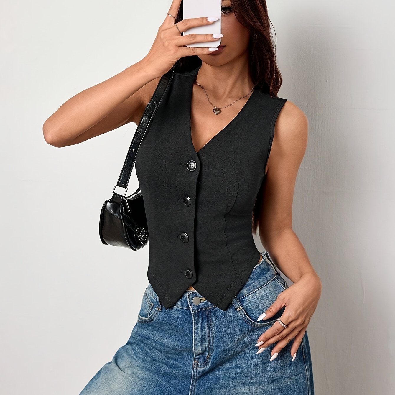 TEMU Women's Elegant Sleeveless V-neck Slim Fit Crop Vest - Solid Color Button Casual Top With Side Slit, Machine Washable For Spring Summer Fall,