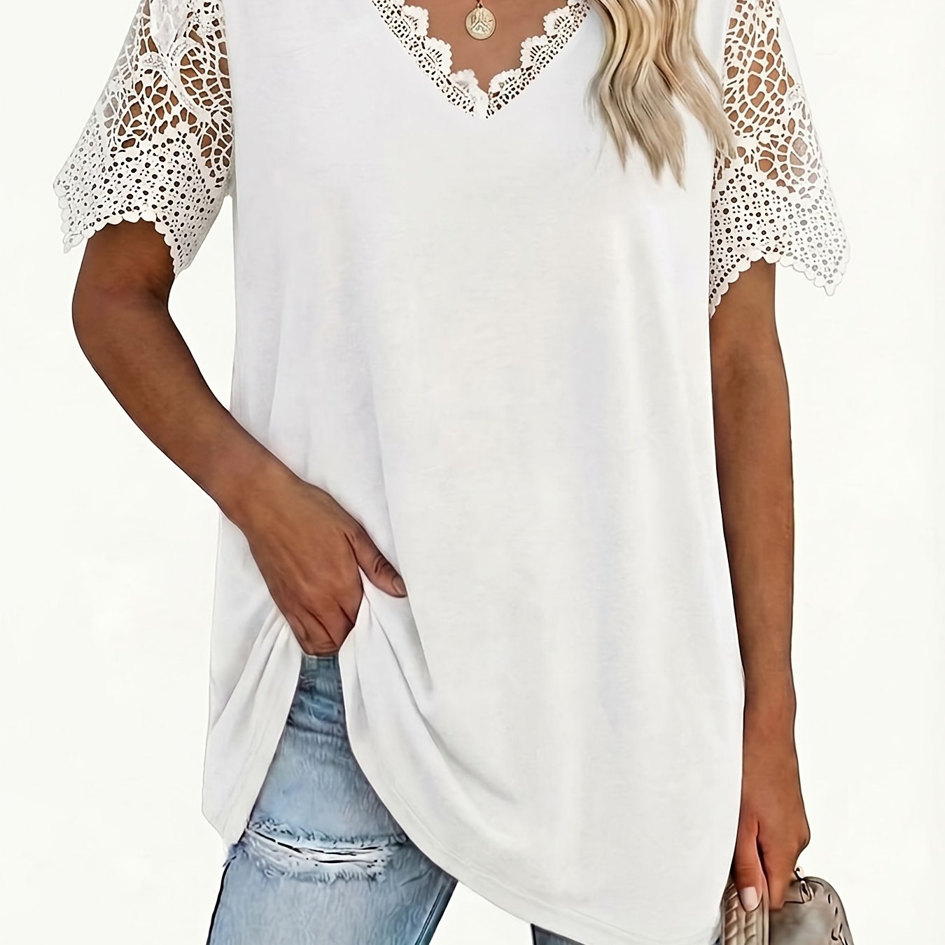 TEMU Plus Size Women's V-neck Lace Short Sleeve Top, Loose Casual All-match Summer Women's Clothing