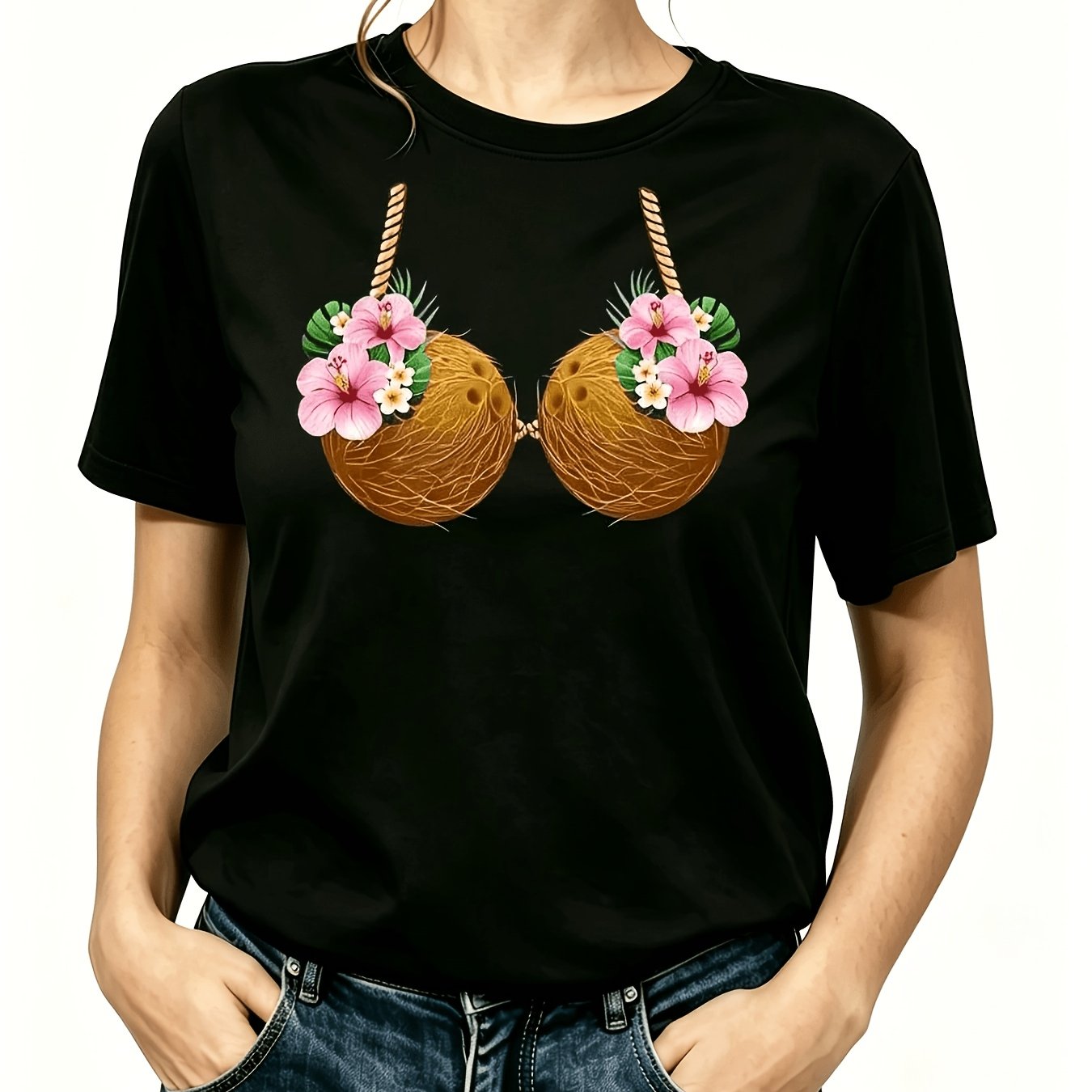 TEMU Layered Pink Aloha Flower Decorated Coconut Bikini, Coconut Bra Costume For Hawaiian Luau Party, Printed T-shirt, Short Sleeve Crew Neck Casual