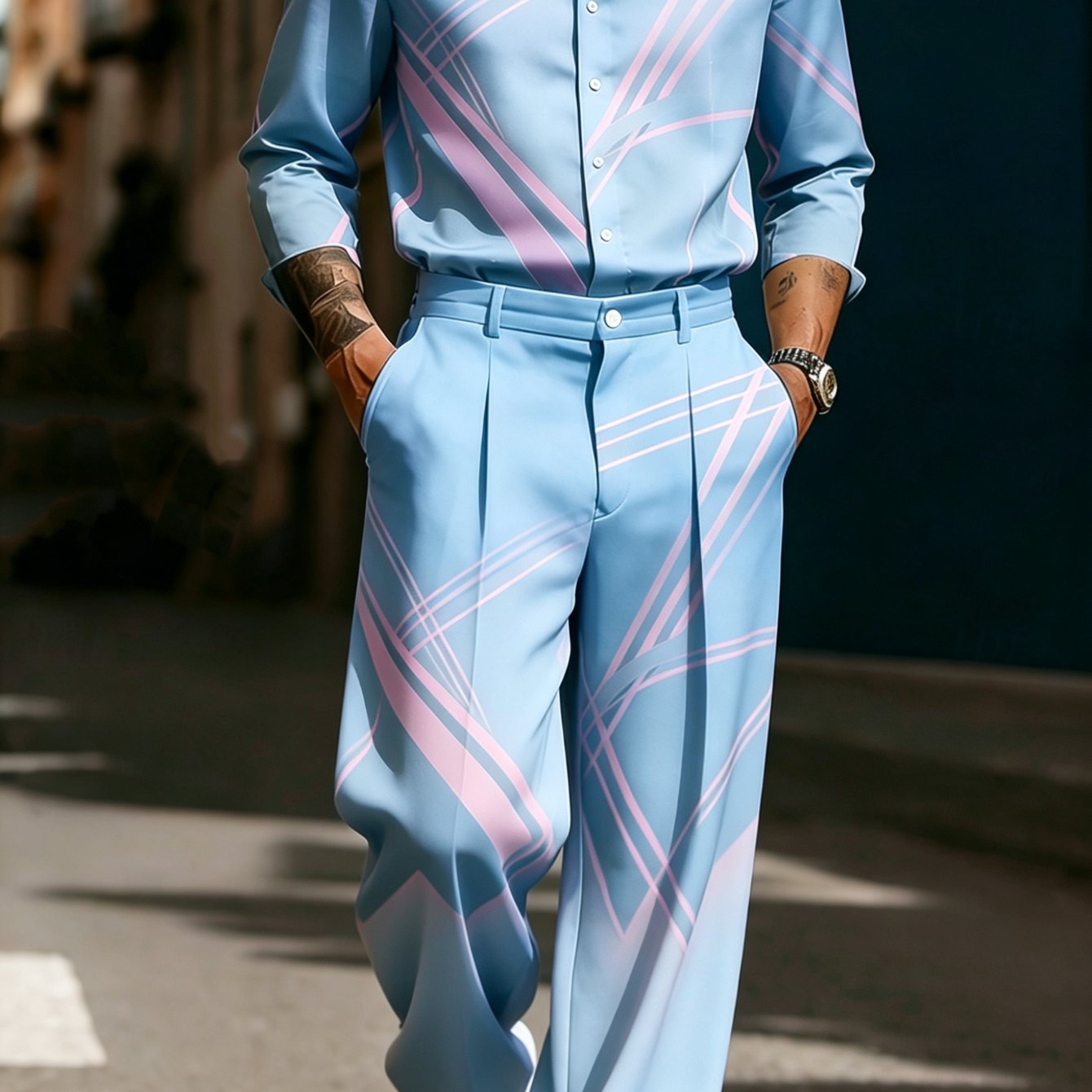 2pcs Set [new Summer ] Men's Casual Long-sleeve Shirt & Dress Pants Suit - 3d Textured Design