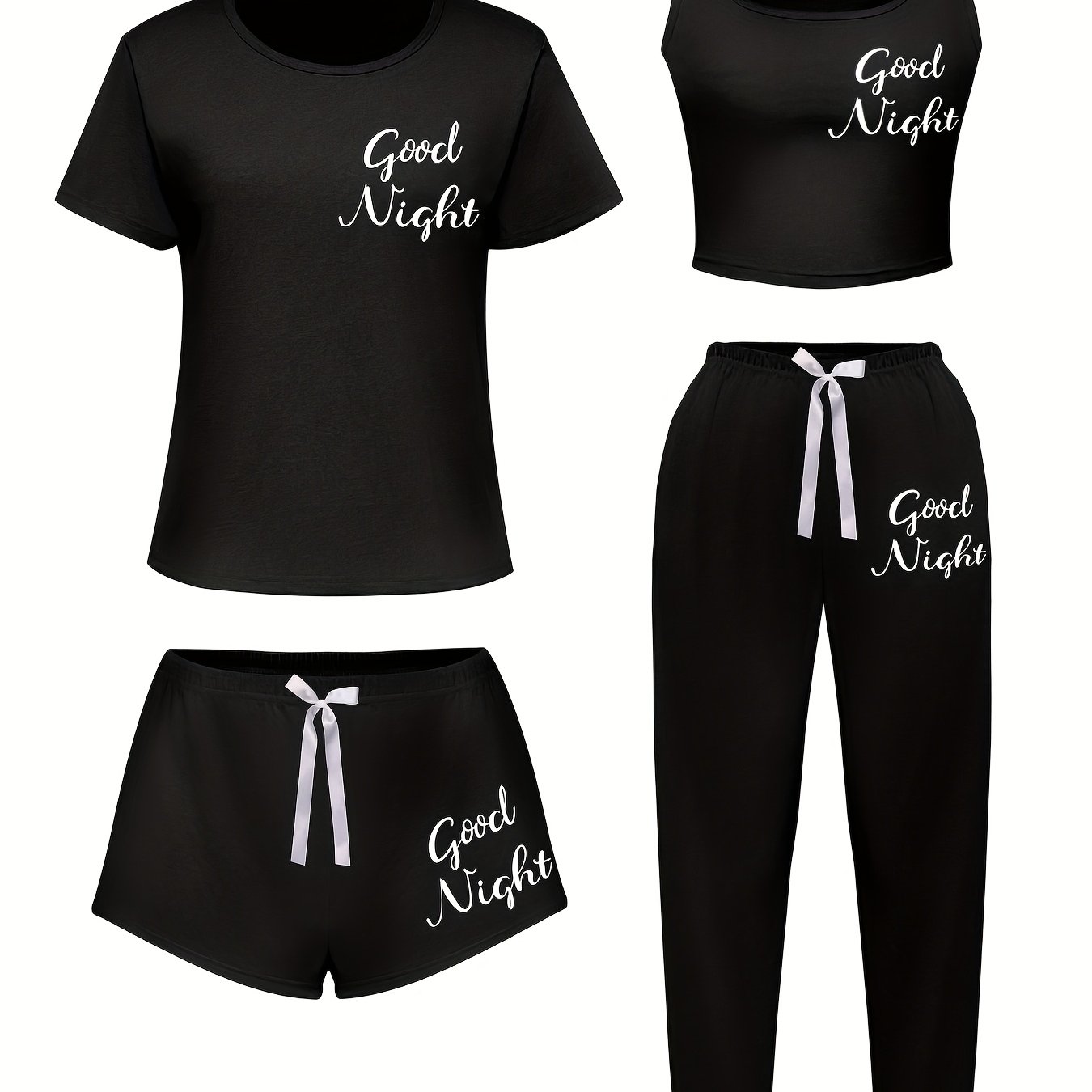 Image of 4pcs Women's Pajama Set, Spring Summer Autumn Winter Vest Top Short Sleeve T-shirt Short Shorts Long Pants With English Letter Print, Spring Summer Autumn Winter Style Casual Wear Set