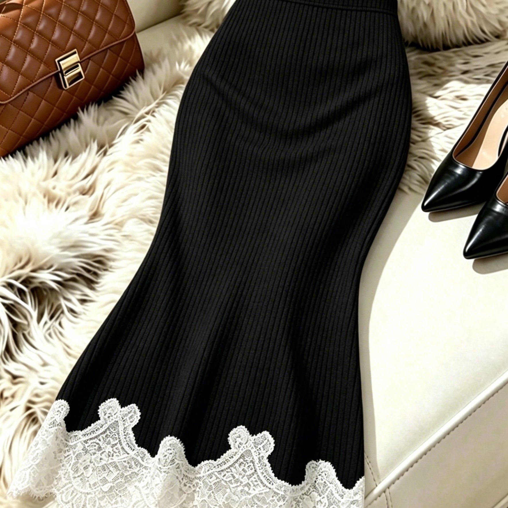 TEMU Spring/autumn Fishtail Skirt For Women, High-waisted With Vertical Bar Stripe , White Lace Hem, Slim-fitting Hip-hugging Midi Skirt