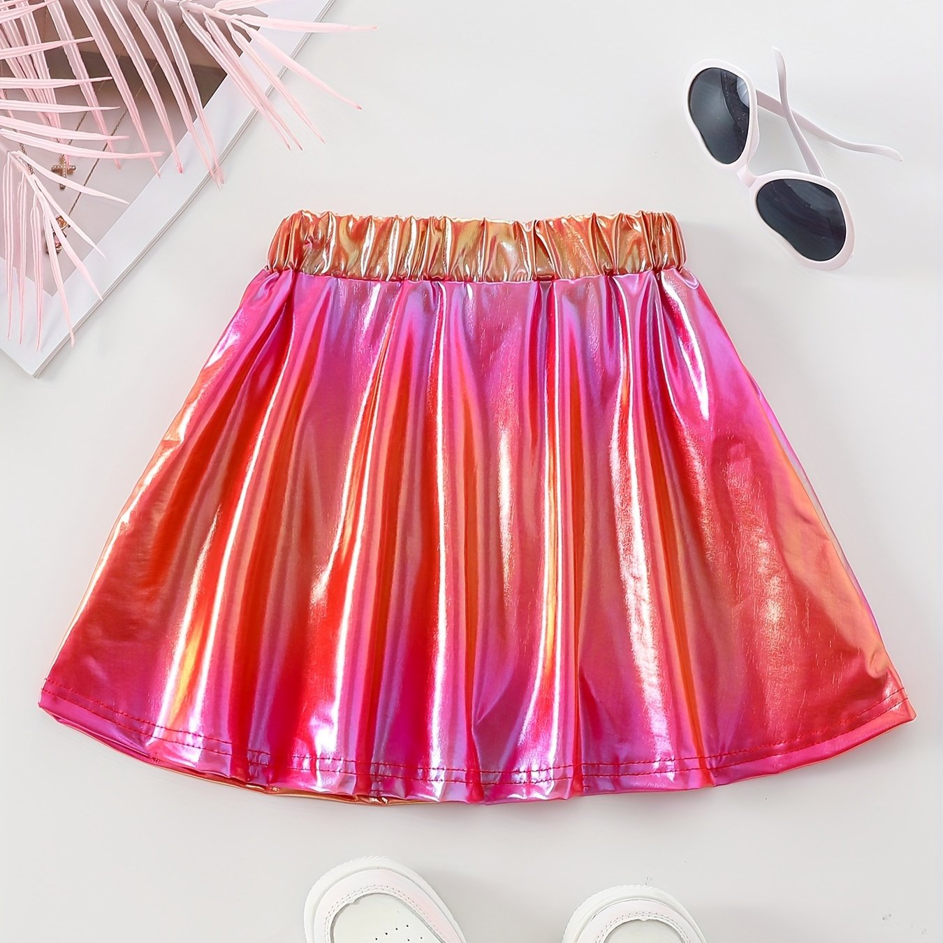 Image of Girls' Elastic Waist A-line Skirt With Shiny Metallic Finish, Fashionable , Suitable For Dance Performances, Gift Parties, And Outdoor Activities