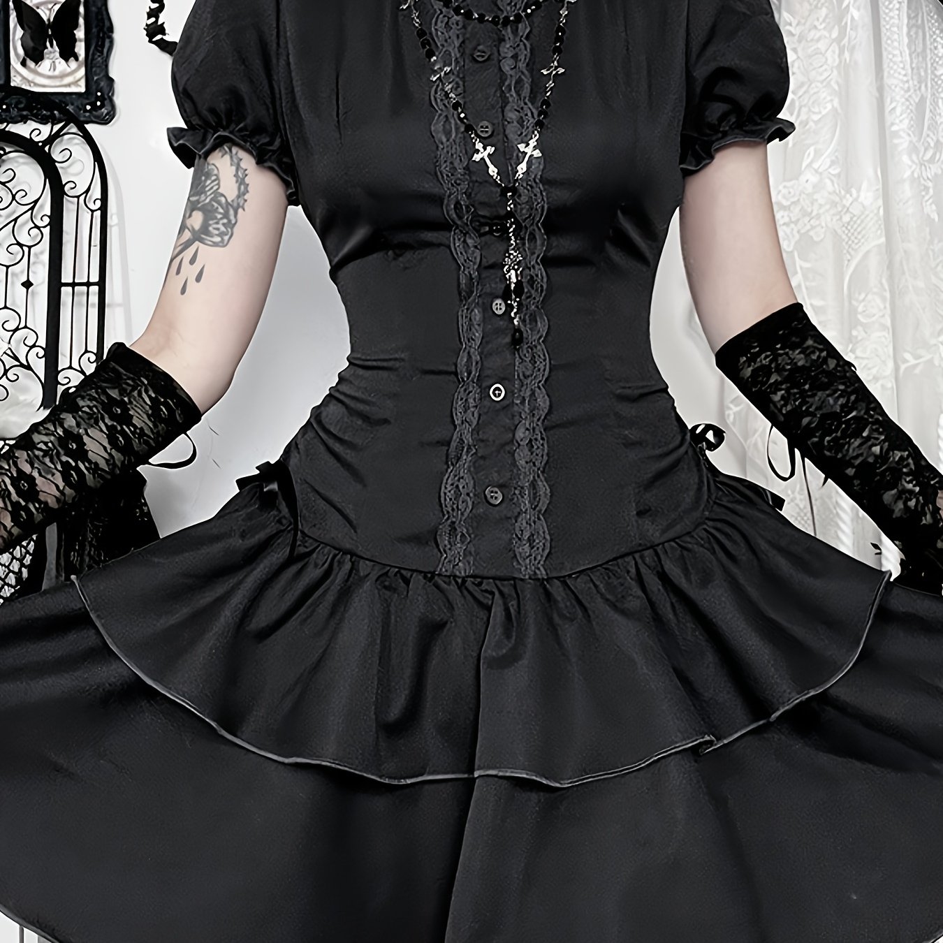 TEMU Dark Gothic Bow Short Sleeve Dress New Outfit Academy Style Short Sleeve Shirt Skirt Set Women Halloween Party Attire