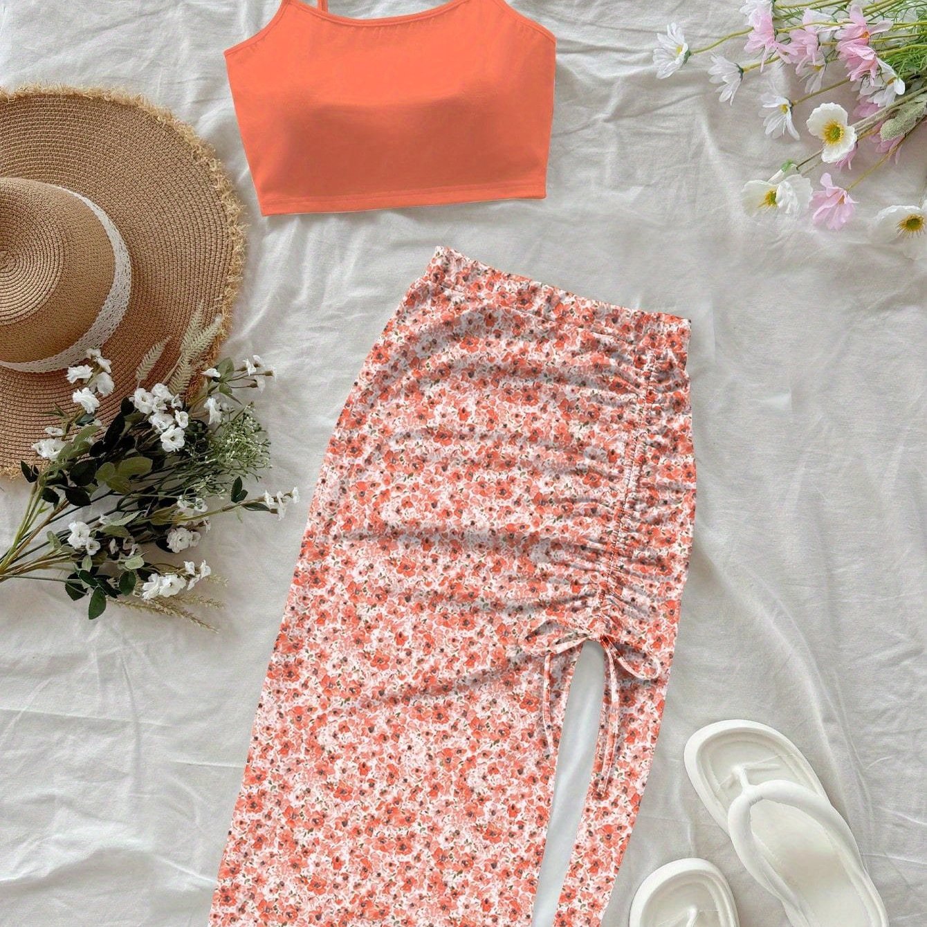 TEMU Women's Fashion Floral Print Short Cami Hip Skirt, Casual Vacation Cami Set