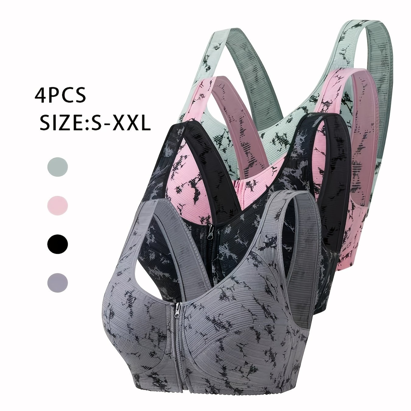 4pcs Women's Standard Size Underwear, Printed Pattern, Without Padding, Comfortable And Breathable, Thin Tank Top Bra, Front Zipper Design For Easy