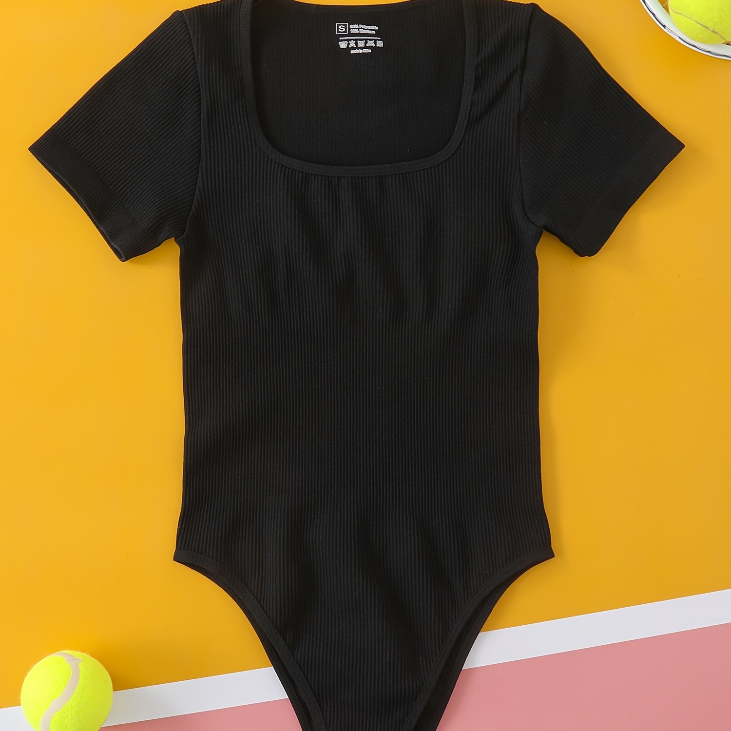 TEMU Fly Seamless Ribbed Bodysuit For Women Breathable & Comfortable Short Sleeve Square Neck Fitness Leotard, High-waisted, Open-crotch, Activewear,