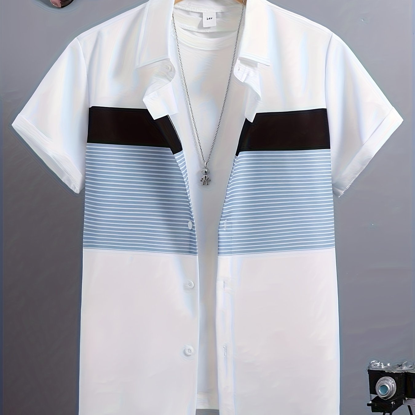 TEMU Boys' Short-sleeve Open-chest Lapel Shirt 13-16, Featuring Dual-tone Stripes On . Elegant And Appropriate For Occasions Such As School, Daily ,