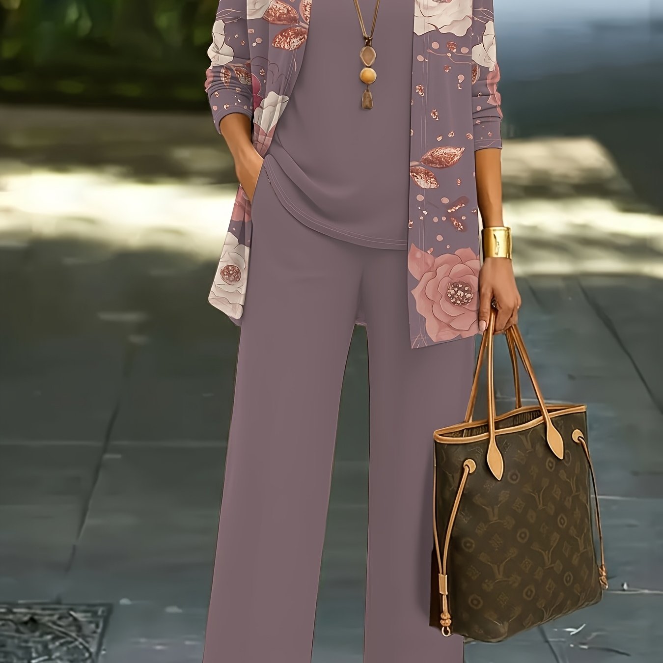 TEMU 3pcs Women's Set: A Drawing Print Cardigan Jacket With A Vest Top And Elegant Slacks, A Must-have For Casual Attire