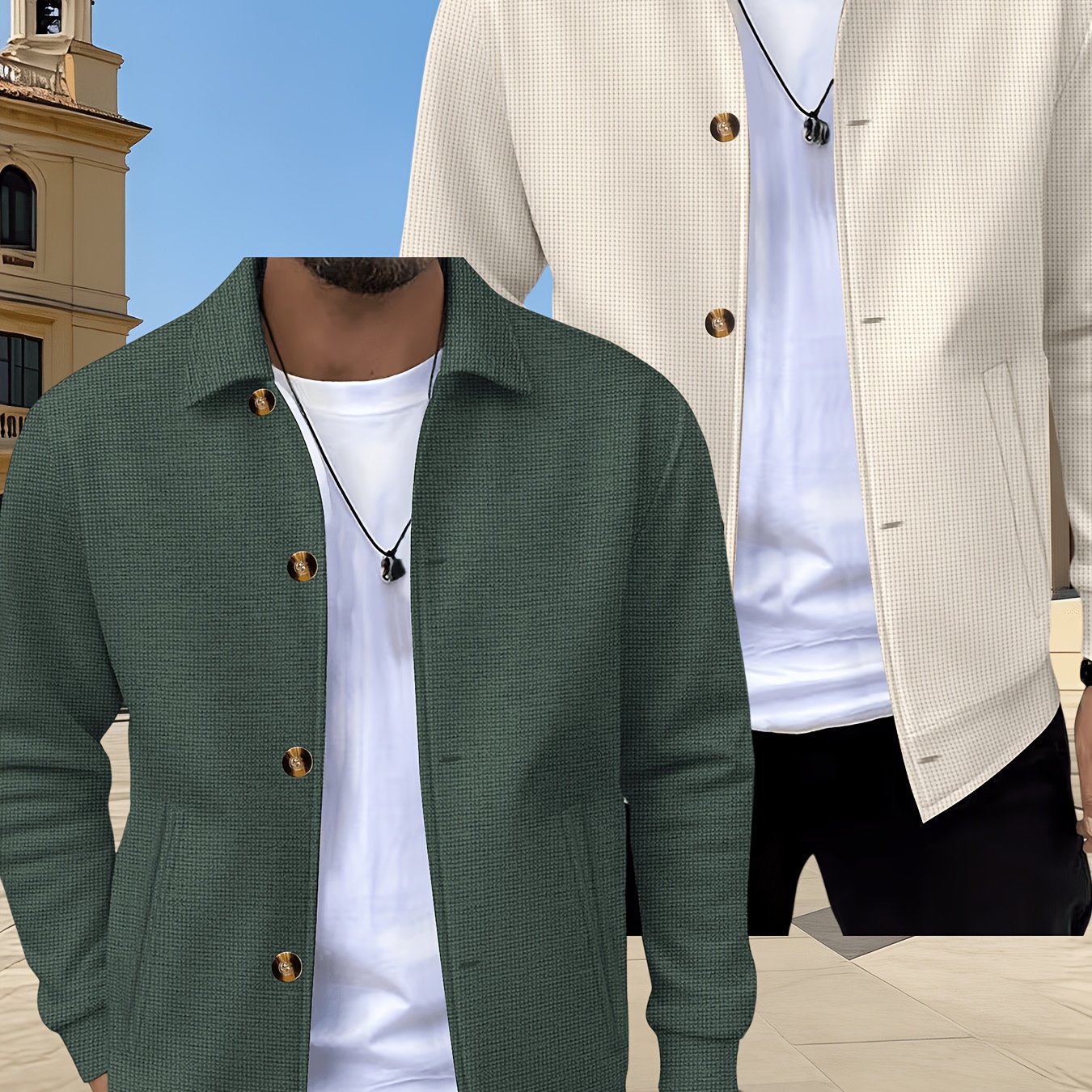 TEMU [ Obm] Spring/autumn Men's Casual Knit Jacket, Waffle Collar Button-up Cardigan Jacket, Daily Versatile Men's Wear 2pcs Set, 2026 New Style