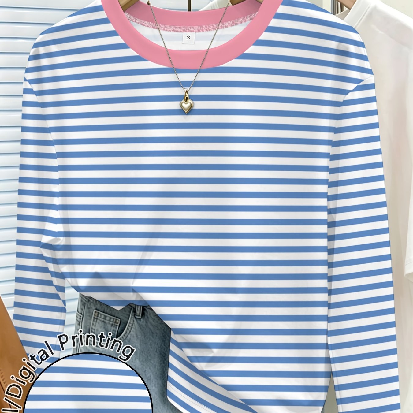 TEMU Women's Striped Printed Crew Neck Long Sleeve T Shirt Casual Summer Tops