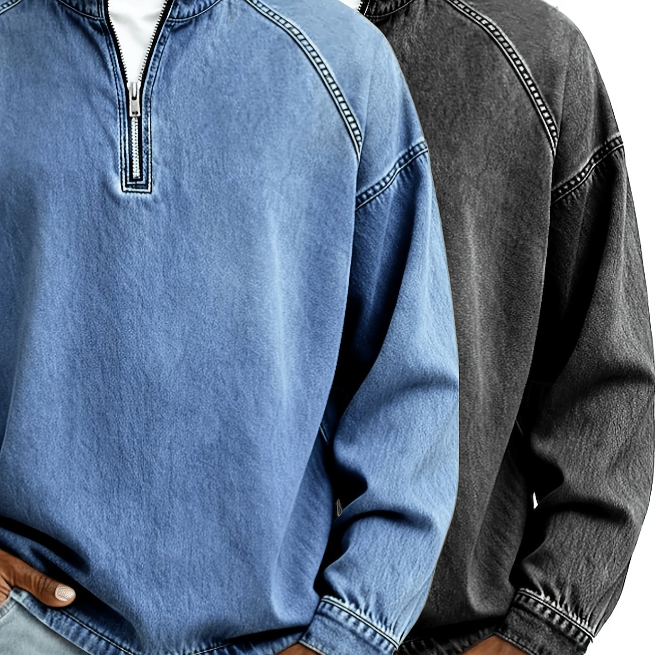 2pcs 2026 Men's Vintage Washed Long Sleeve Pullover 100% Denim Half-zip Sweatshirt Acid Wash Stand Collar Raglan Loose Fit Casual Hoodie Pullover Jacket Oversized Retro Distressed Casual Top Shirt