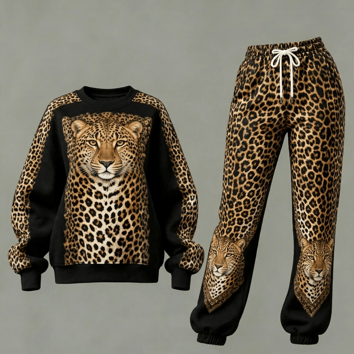 Image of Leopard Print Women's 2pcs Set Crew Neck Sweatshirt And Jogger Pants Trendy New Versatile Sweatshirt And Casual Jogger Pants Combination Spring