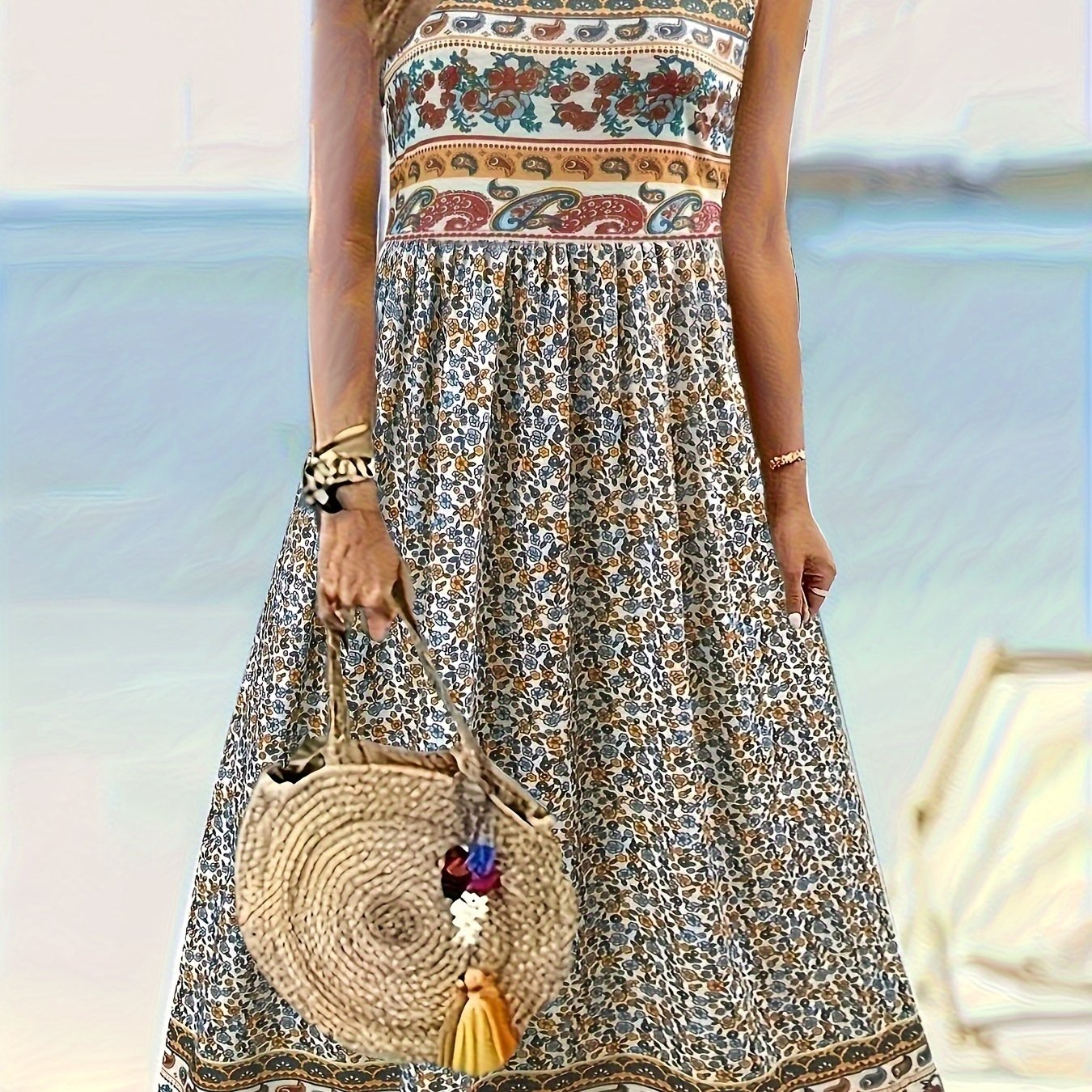 Image of Women's European And American Cross-border Fashion Floral And Botanical Print Sleeveless Round Neck Dress