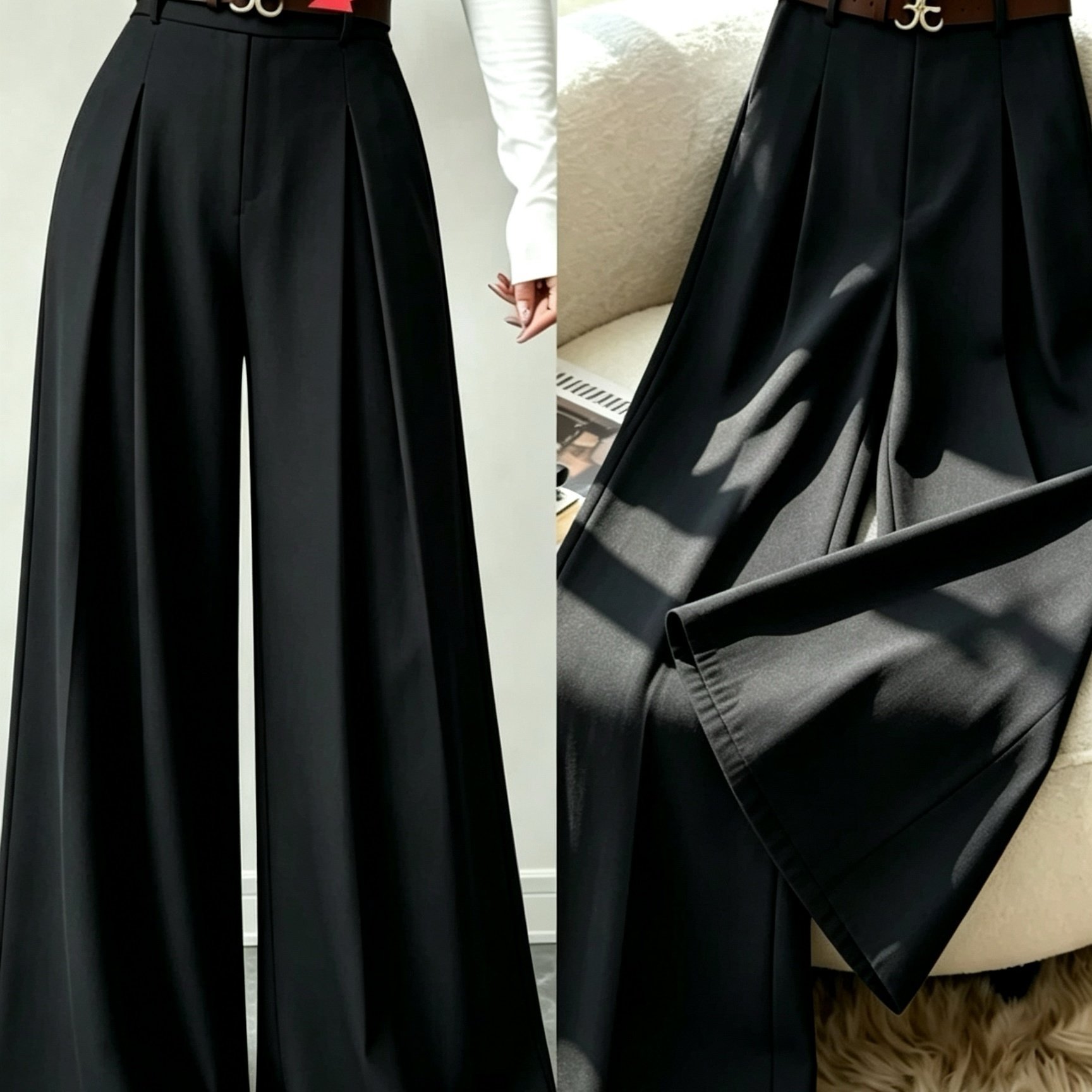 TEMU Women's High-waist Loose Wide-leg Pants, Elegant Autumn Office Casual Pleated Elastic Waist Wide Trousers, Spring/fall Wear, Comfortable And