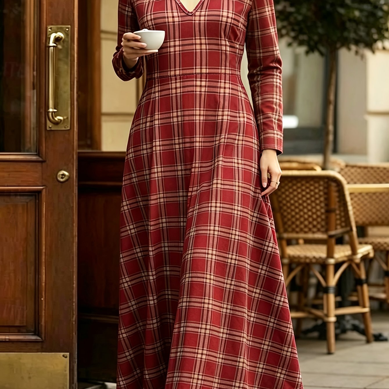 Image of Plus Size, Autumn And Winter British V-neck Waist-cinching Plus-size Women's Long-sleeved Dress, Hip-covering, Meat-hiding,, Retro, Elegant, Temperament Dress