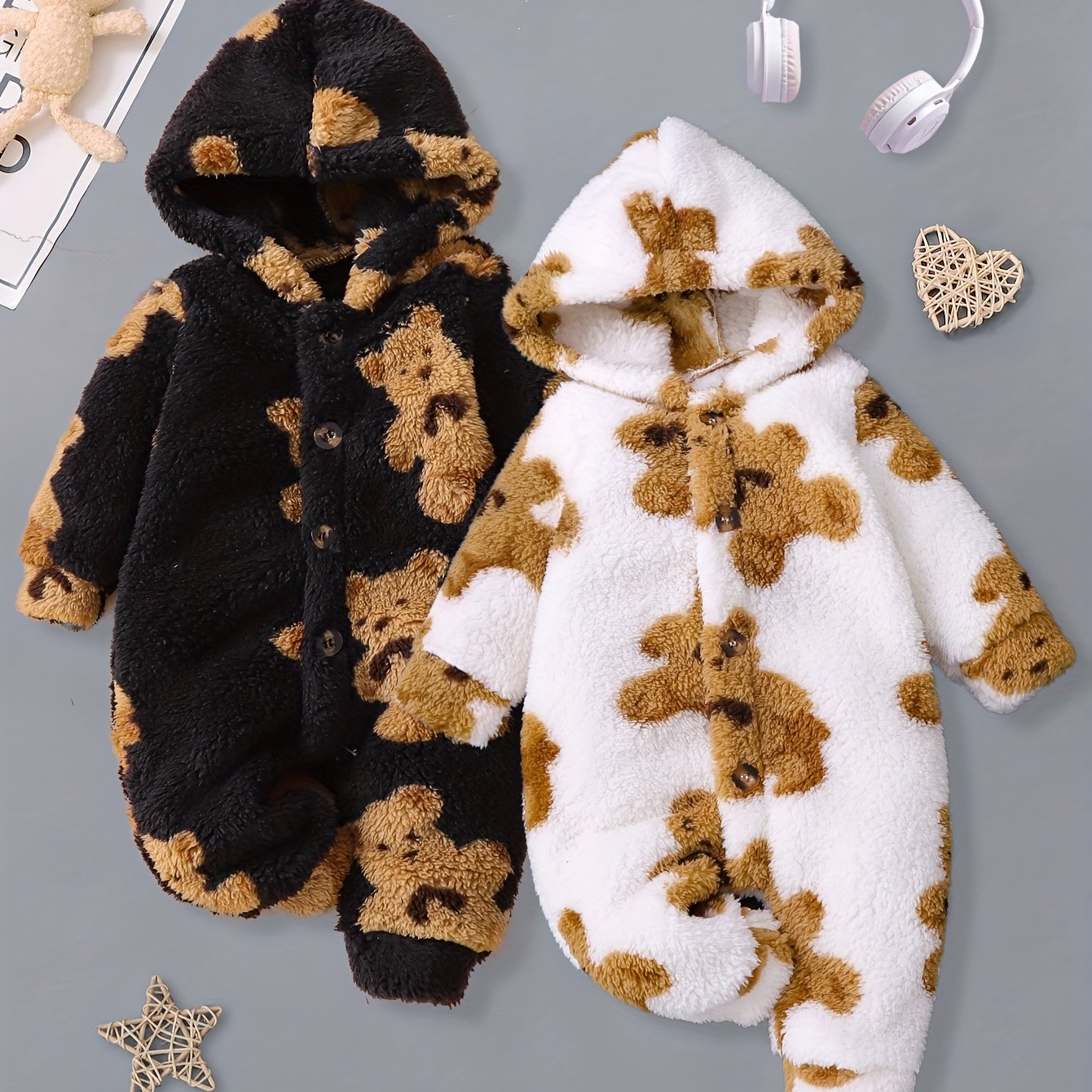 Image of Baby Boy Clothes 2pcs Baby Bear Pattern Plush Hooded Long Sleeve Bodysuit, Cute Casual Winter Outdoor Outfit, Perfect For Outdoor