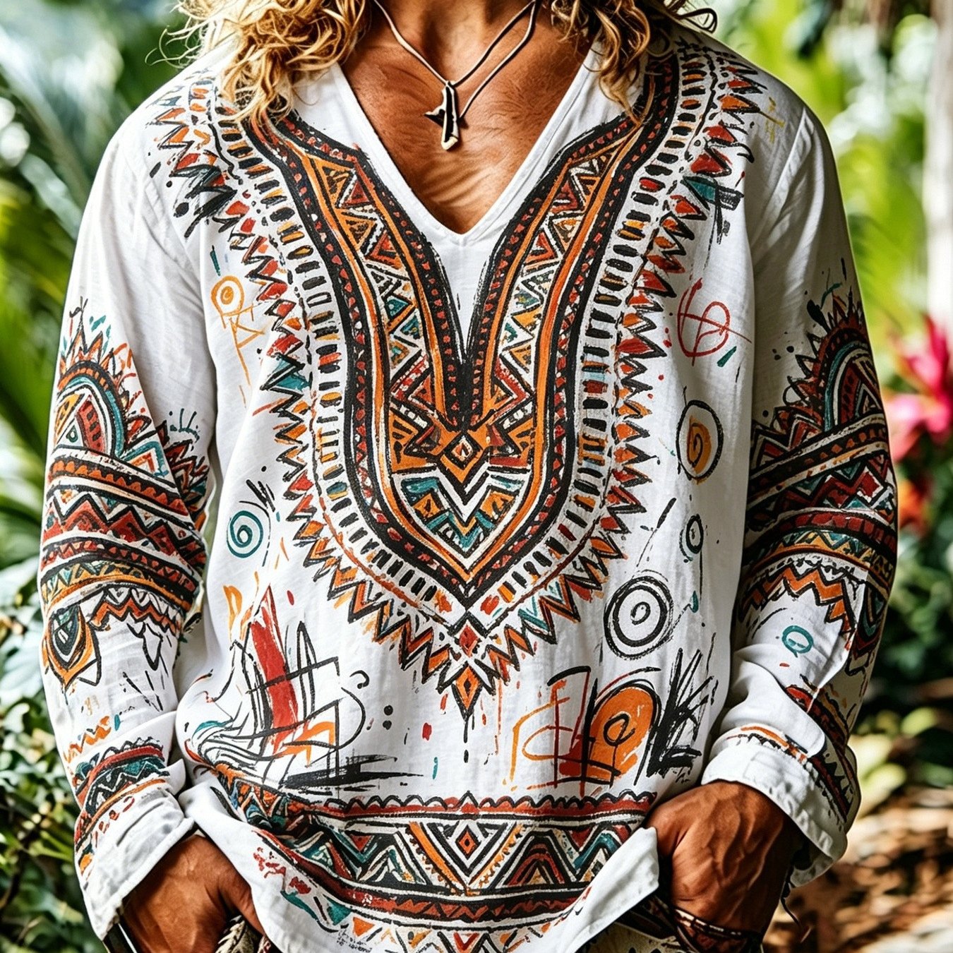 Image of New Autumn Men's Plus Size Boho V Neck Long Sleeve Shirt Trendy Geometric Print, Perfect For Daily Holiday Gifts, Plus Size
