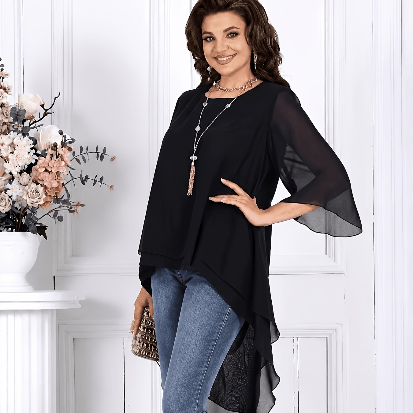 TEMU Plus Size, Women's Fashion Double-layer Chiffon V-neck Tailored Top D110