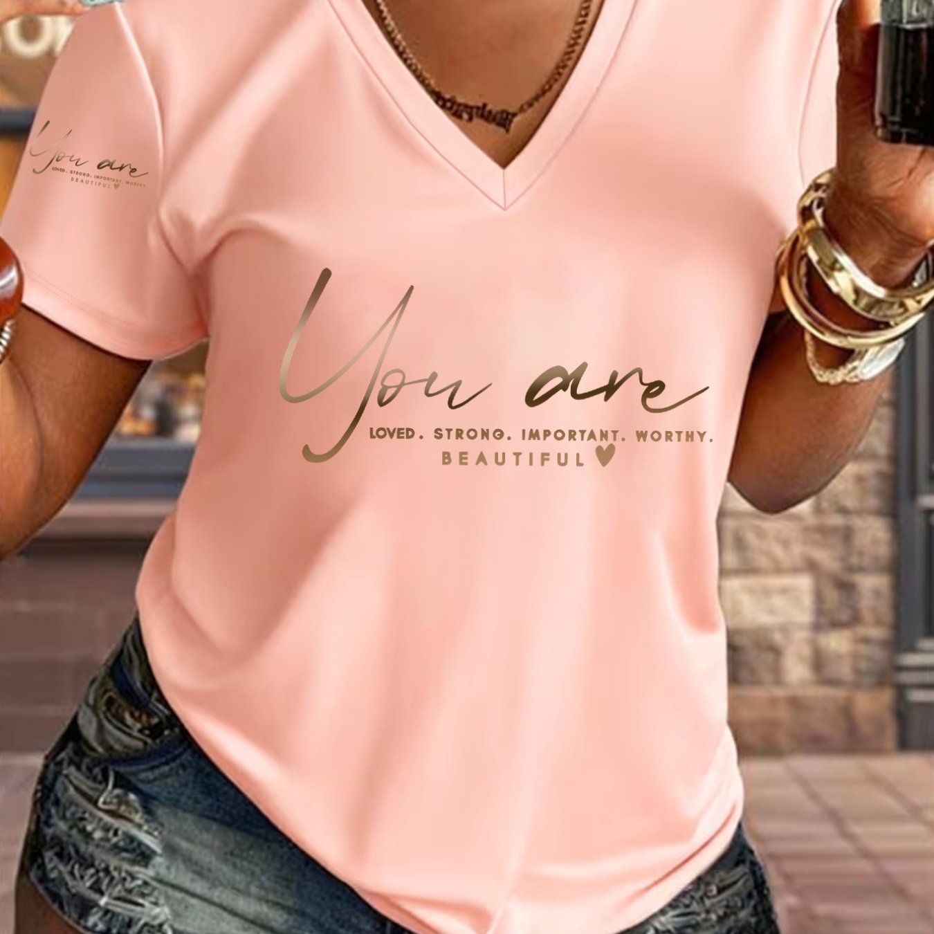TEMU 1pc V-neck Printed T-shirt Design Comfortable All-match Daily Wear Summer New Y2k Style Women's Casual Athletic Wear Single Sleeve Print Elegant