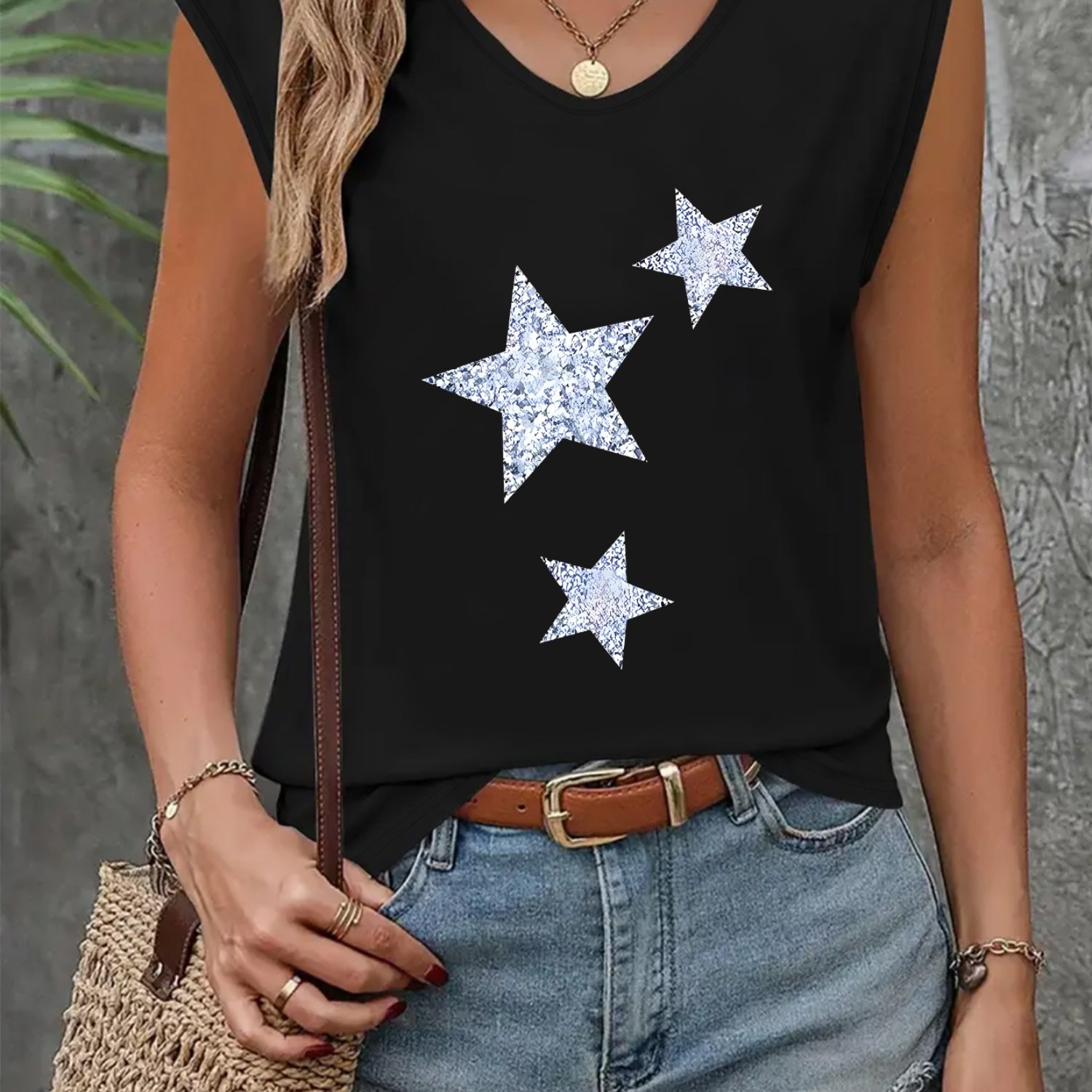 TEMU V-neck Sleeveless Summer Tank Top, Sleeveless Sequin Star Printed T-shirt, Loose And Breathable Casual Versatile Top