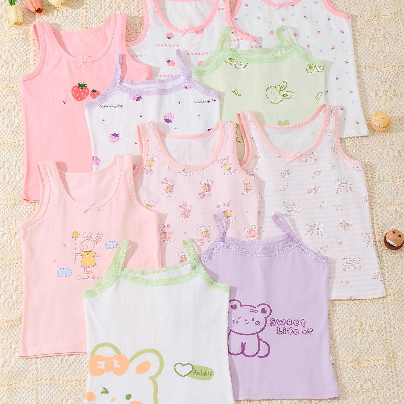 Image of [random 8-pc] 8-pc Random Girls' Tank Top, Soft And Comfortable Fabric, Cute Strawberry, , Little Bear Cartoon , Worn Outside Or Inside, 2 Ways To Wear, Suitable For , Little Suspender Underwear