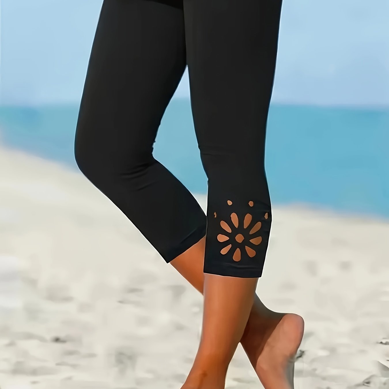 Women's Capri Leggings, Floral Cut-out Tights