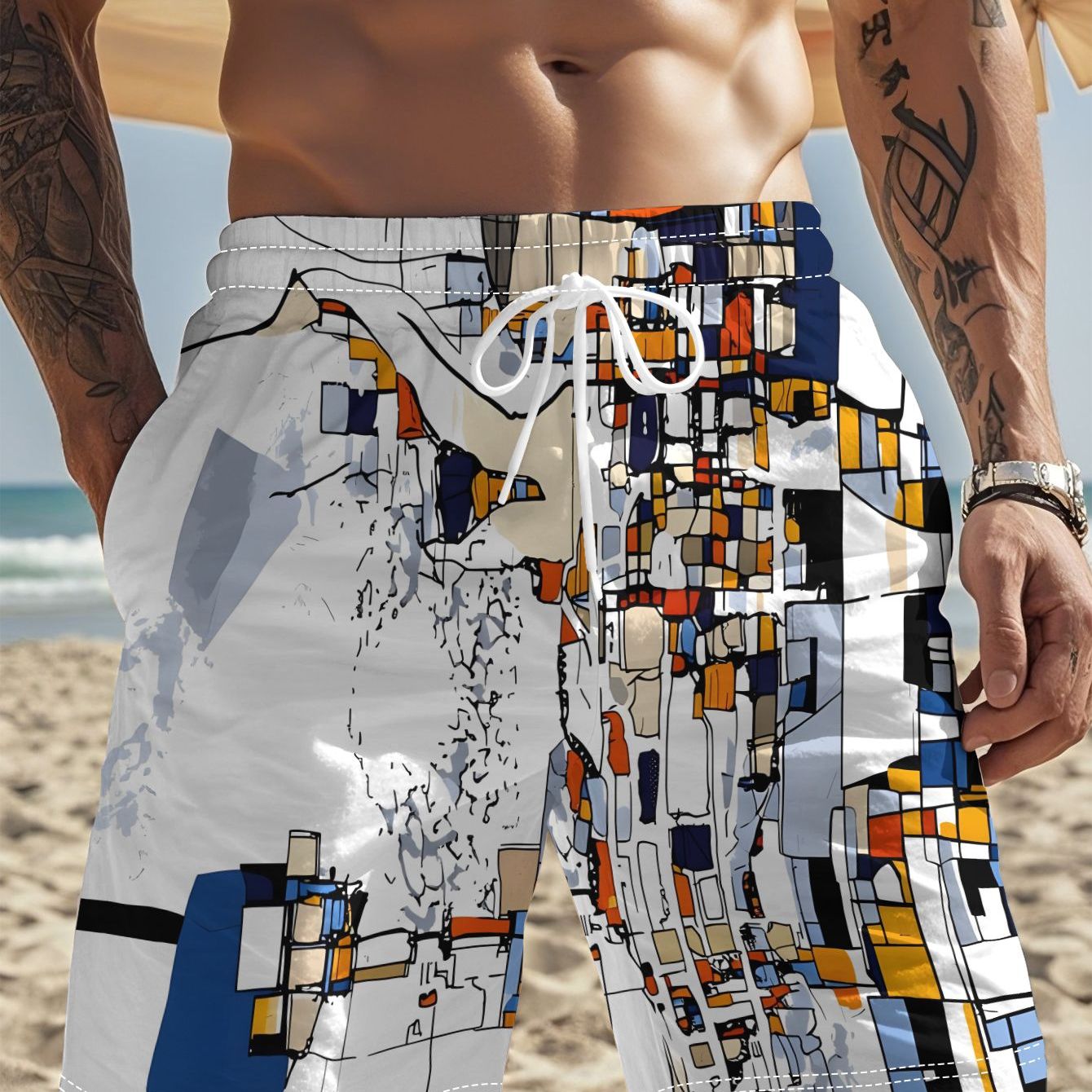 TEMU Pantalones Cortos Casuales para Hombre, Bloques de Color Desconstrucción de Paisajes y Paredes , Estilo Hawaiano Festivo, Pantalones de Playa