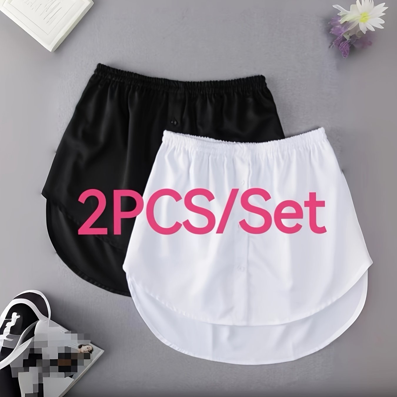 2pcs Set Women's Korean-style Layered Inner Skirt With Hem, 2-in-1 Look White-trimmed Blouse Twill Base Skirt