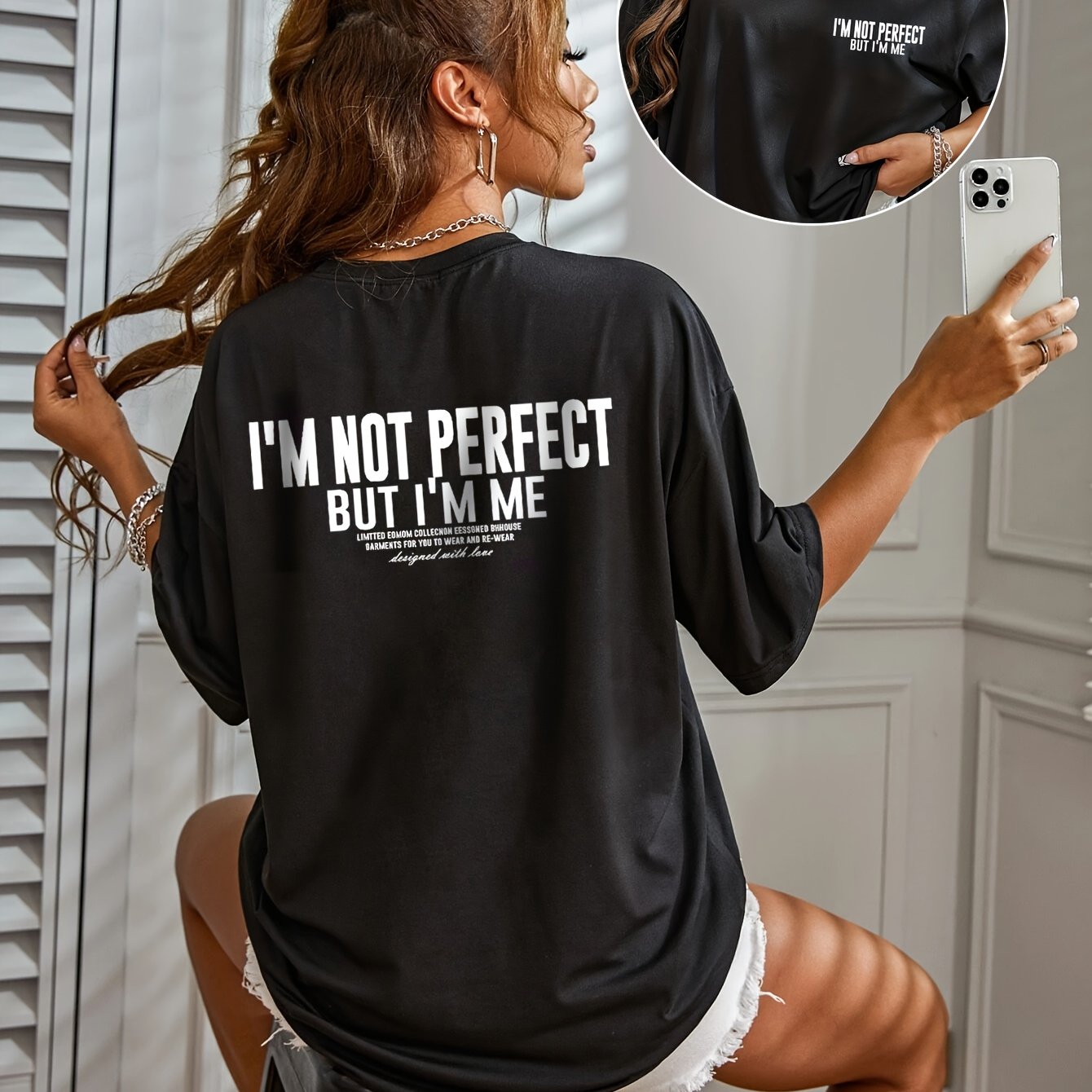 Image of European And American Fast Fashion Black Casual Letter Front And Back Print T-shirt Simple Round Neck Short Sleeve Loose Top