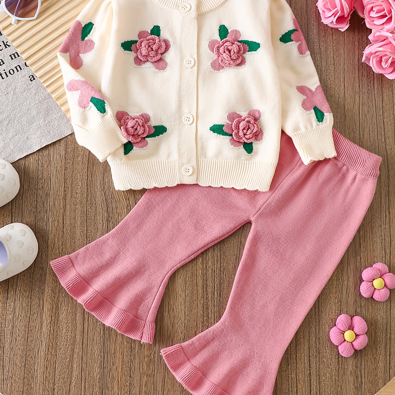 Image of Newborn Baby Girl Fall/winter Clothes Set: 3d Floral Knit Sweater, Flared Pants, And A Stylish, Cute Spring Jacket, 2-piece Set