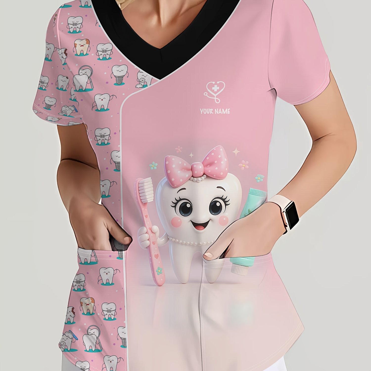 TEMU Pink Cartoon Teeth Custom Name Nurse Uniform, Fashionable Women's T-shirt, Nurse Workwear, Dentist Print Pocket Short Sleeve V-neck Top,