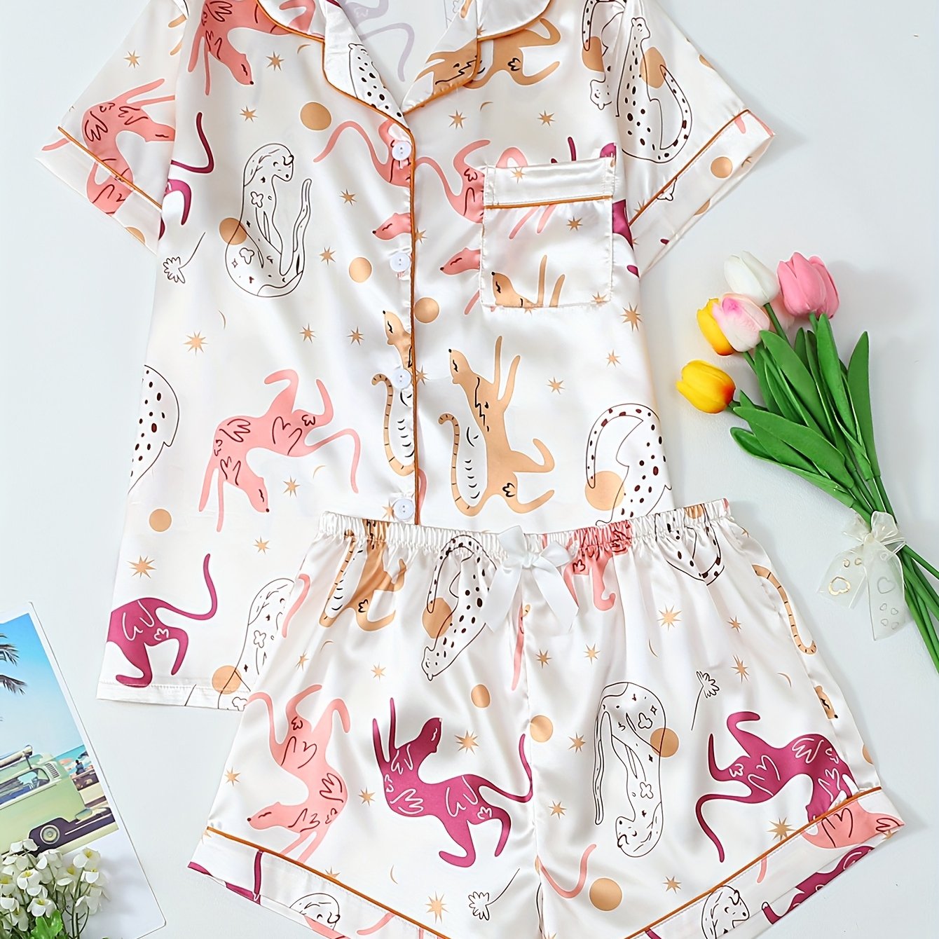 TEMU Animal Print Women's Short Sleeve Shorts Pajama Set