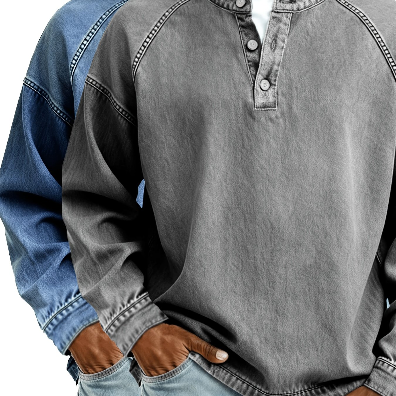 Image of 2pcs Spring/autumn Men's Retro Distressed Cotton Henley Long-sleeve Top, Solid Color Front Retro Long Sleeve Tee Shirts Casual Button Washed T-shirts For Men