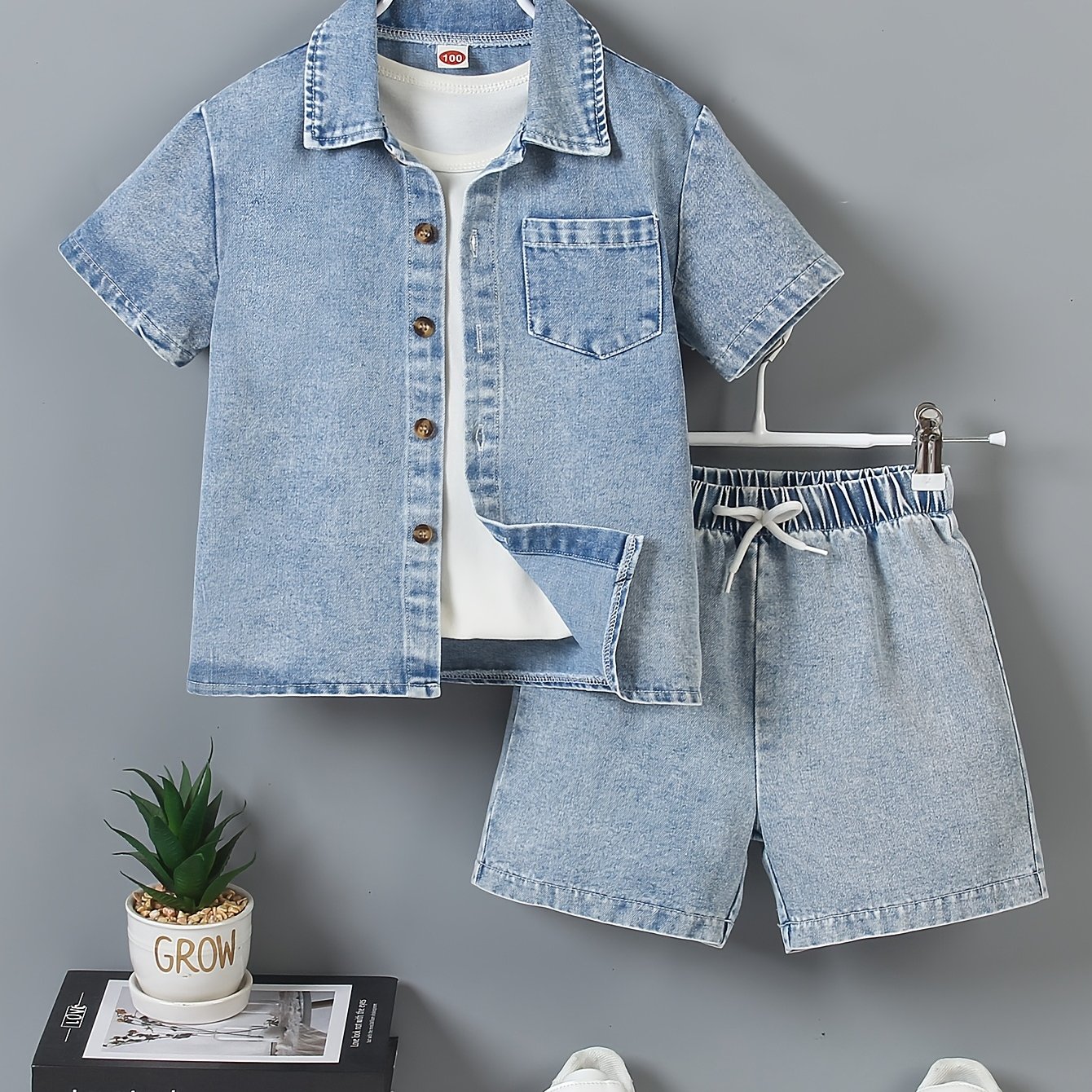 Image of A Set Of Casual Denim Short-sleeved Shirt And Shorts For Young Boys, Suitable For Spring And Summer, Perfect For Outdoor