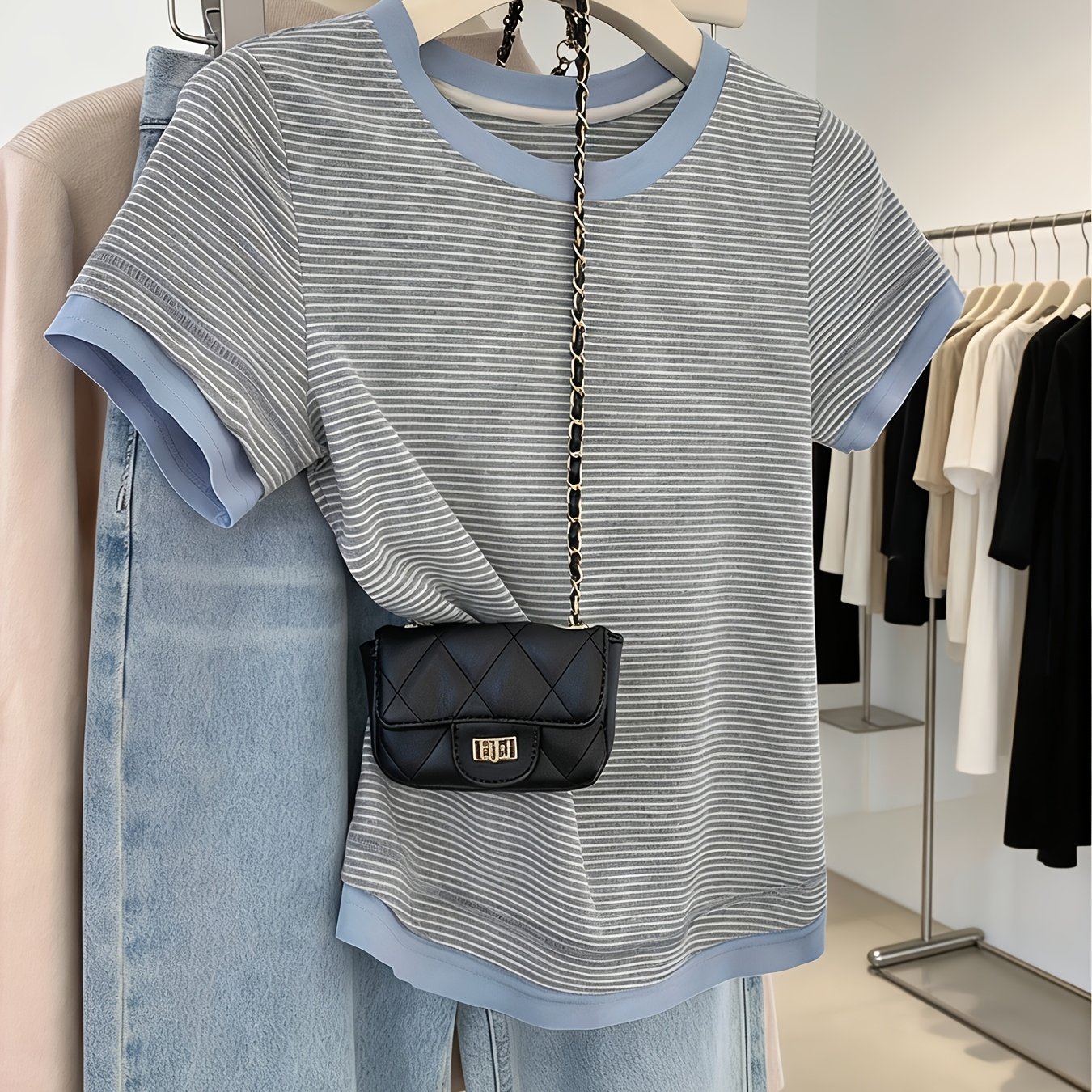 E-shop Color Block Gestreiftes Fake Zweiteiliges Kurzarm T-Shirt Damen Sommer Neues Design Positive Schulter