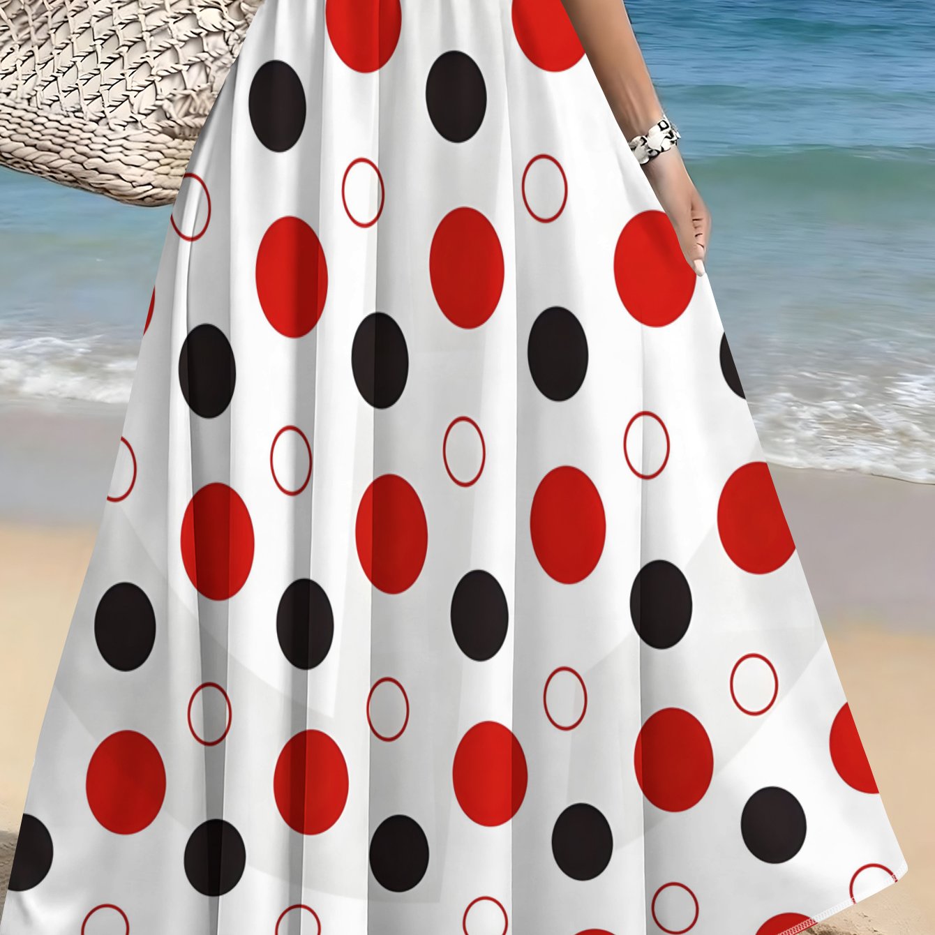 TEMU Spring/summer Women's Red, White, And Black Polka Dot A-line Maxi Skirt With White Heart Print In , A Relaxed Style Vacation Casual Skirt