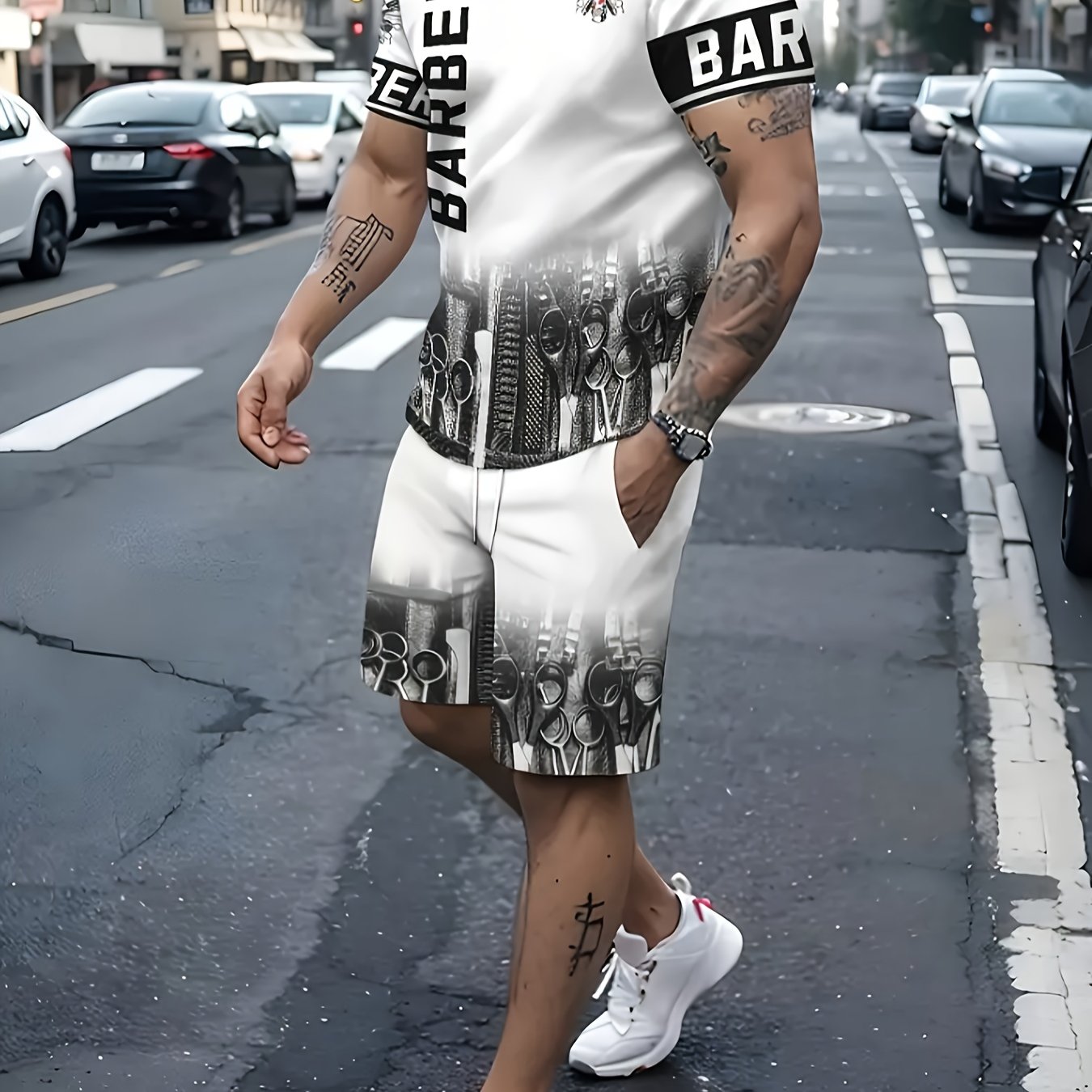 TEMU 2pcs Men's 3d Barber Tools Pattern Print Summer Outfit Set, Short Sleeve Crew Neck T-shirt And Elastic Waist Shorts With Pockets