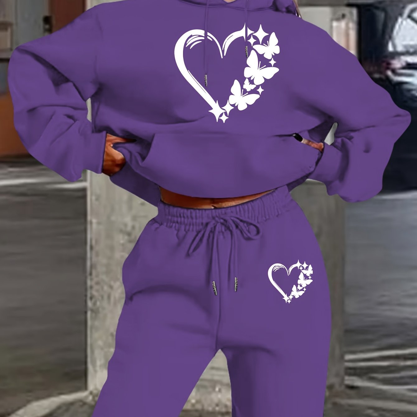 TEMU Women's Autumn Winter Clothing Heart Fleece -like Hooded Sweatshirt And Jogger Pants Set