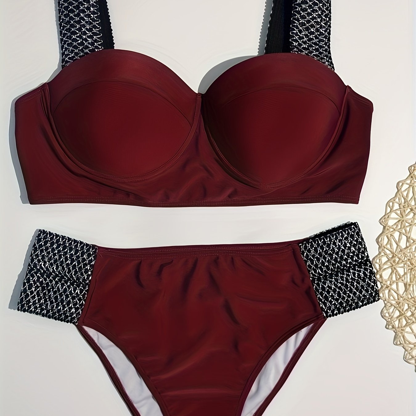 Plus Size Sexy Bikini Set, Women's Plus Solid Textured Bow Front Padded Bra  & Panty Swimsuit Two Piece Set