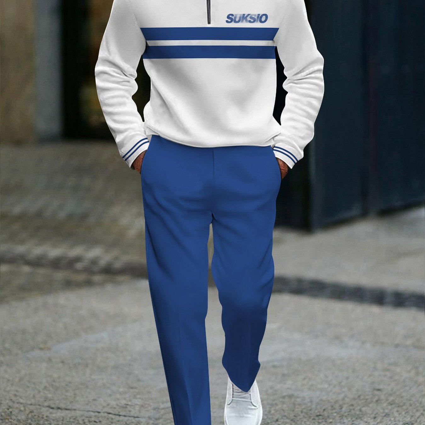 Image of Half Zip Men's Fashion Casual Trendy Adults Men Sportswear 2 Piece Outfit Set With White Top Suk Sio Letter Print And Blue Pants Men's Wear Casual Wear Sportswear For Adults Men