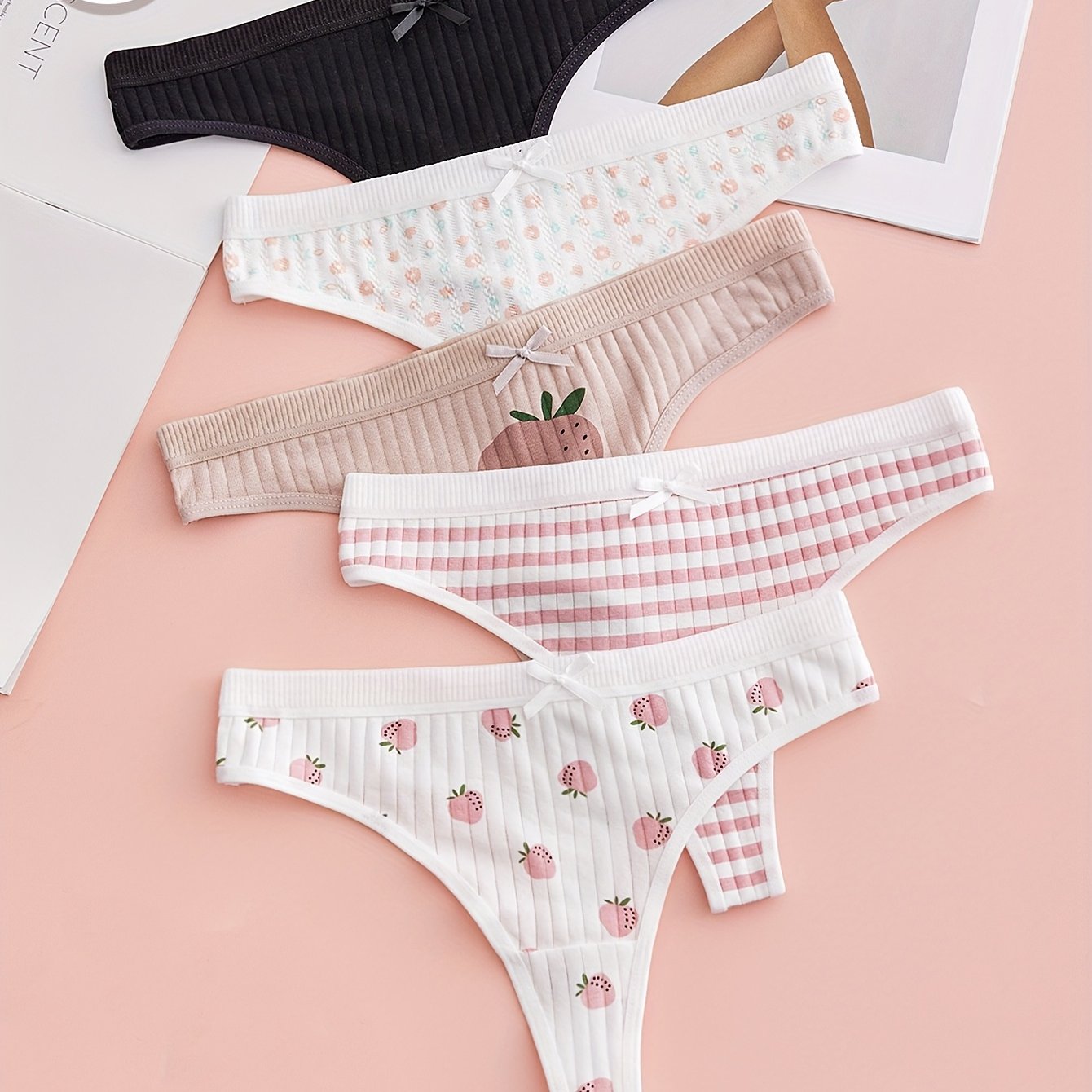 Image of 5pcs Random Assorted Women's Thongs - Soft, High Elasticity, Cute Ribbed Design With Strawberry & Cherry Print, Mid-rise Bikini Underwear For Casual Wear, Cute Underwear, Underwear