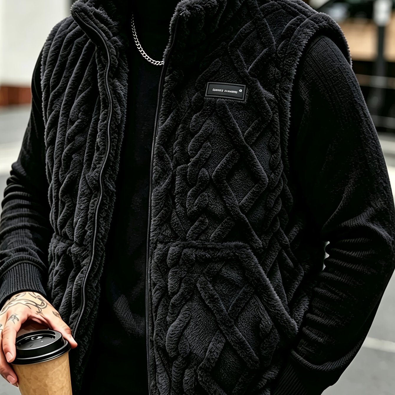 TEMU Men's Winter Lamb Shear Vest, Jacquard Fabric With Pockets And Sleeveless Vest, Soft And Lightweight Warm, Home Casual, Date Outing, Daily