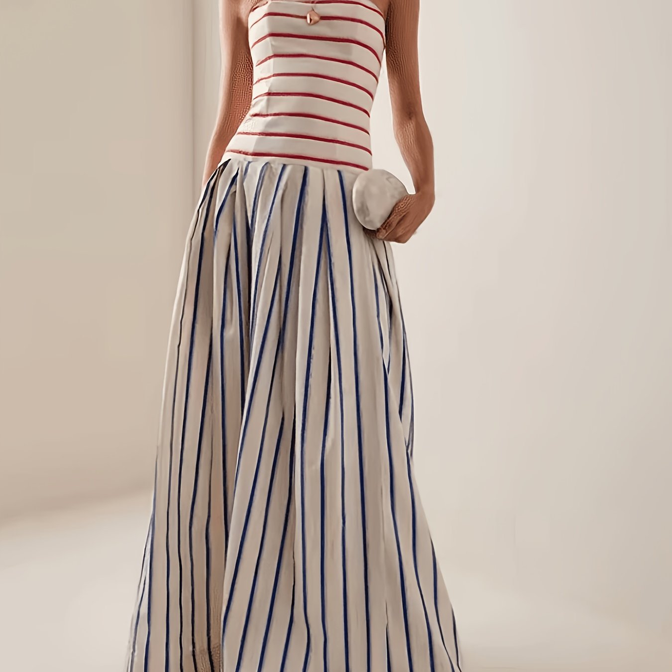 TEMU Women's Elegant White And Red Striped Top, White And Blue Striped Bottom, Back Mid-zipper Pleated A-line Dress, Spring Summer Women's Vacation