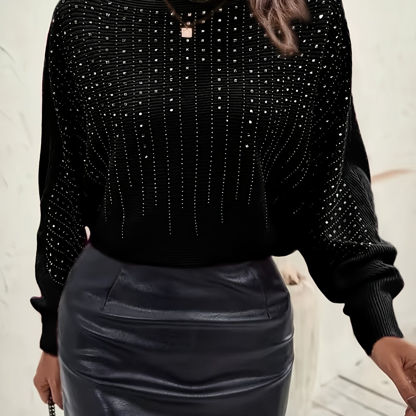 Image of Women's Elegant Rhinestone Batwing Sleeve Boat Neck Pullover Sweater - High Elasticity, Off-the-shoulder Design For Ladies, Top, For Autumn And